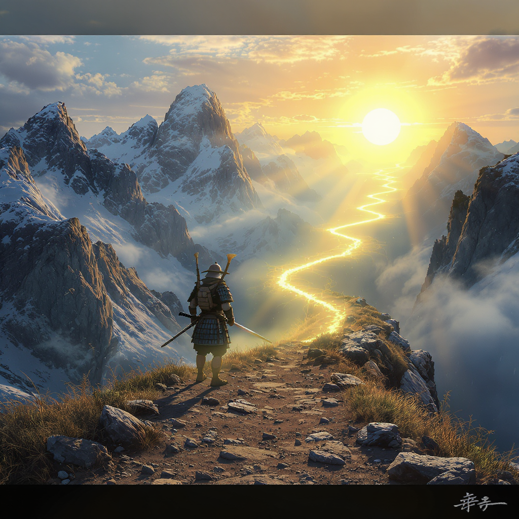 Samurái en un camino montañoso observando tres senderos diferentes, uno hacia la disciplina básica, otro hacia la expansión de habilidades, y el tercero hacia la maestría suprema, con el sol dorado del amanecer iluminando las opciones