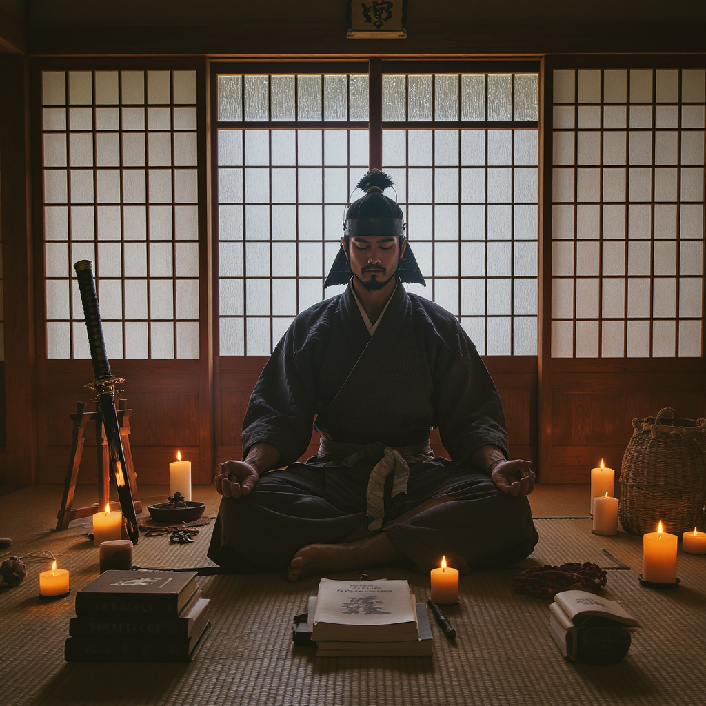 Guerrero samurái meditando en posición de loto en un dojo tradicional japonés, con elementos de disciplina como una katana, libros de estrategia y velas encendidas, simbolizando los fundamentos del liderazgo interior