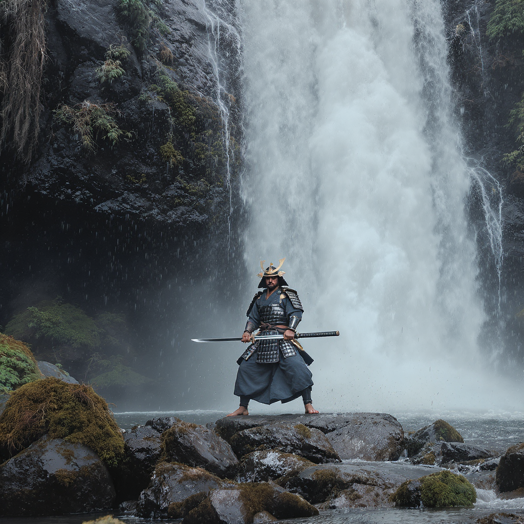 Samurái entrenando bajo una cascada furiosa, con expresión serena y concentrada, rodeado de rocas y naturaleza salvaje, simbolizando la fortaleza interior y la resiliencia ante las adversidades