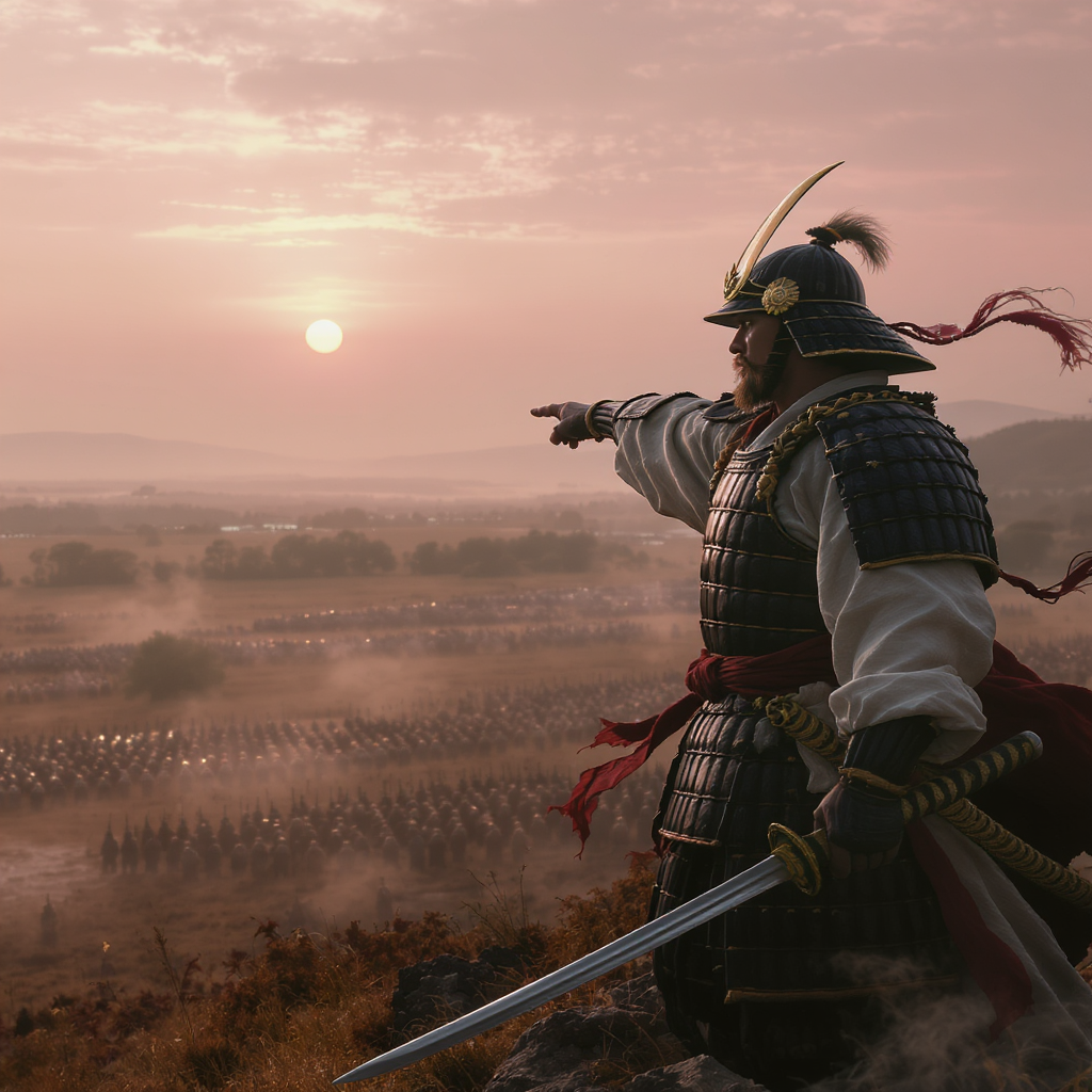 General samurái comandando un ejército desde lo alto de una colina, señalando estratégicamente hacia el horizonte con una katana, mostrando liderazgo y visión táctica en un campo de batalla al amanecer