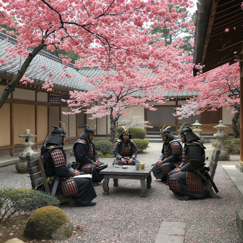 Círculo de samuráis sentados en un jardín zen japonés, intercambiando conocimientos y creando alianzas, con un ambiente de respeto mutuo y colaboración bajo cerezos en flor
