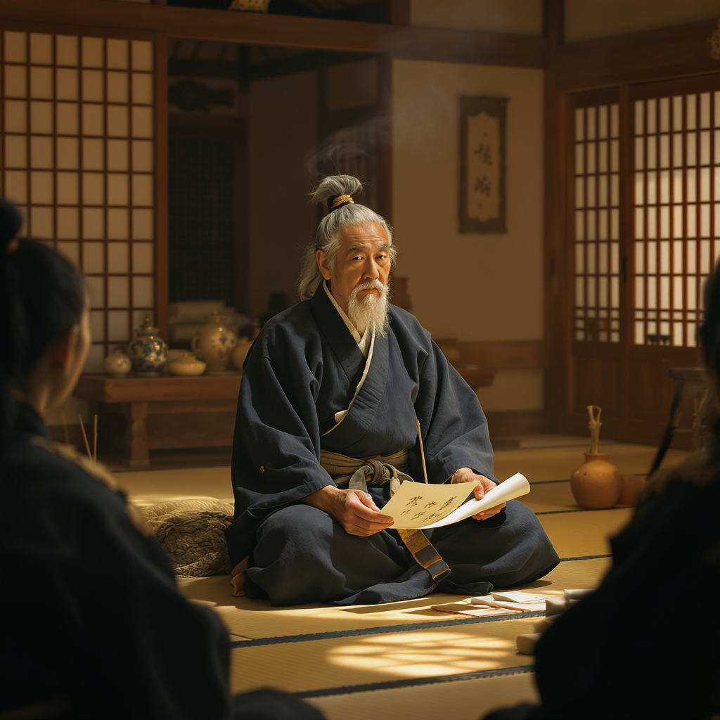 Maestro samurái anciano transmitiendo sabiduría a un grupo de jóvenes guerreros en un templo tradicional japonés, con pergaminos de enseñanzas, incienso y un ambiente de legado y trascendencia